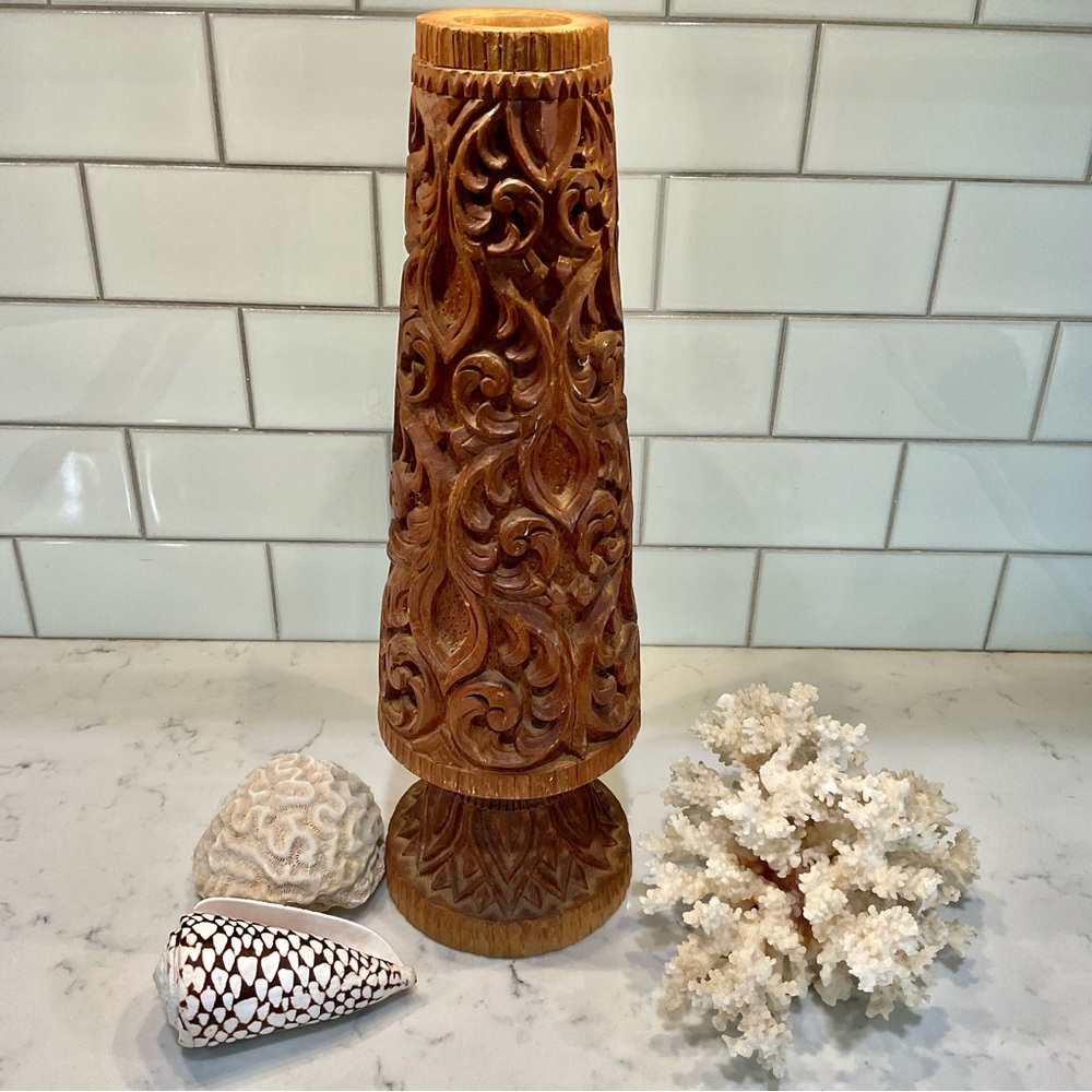 Intricately Carved Brown Wooden Accent Piece